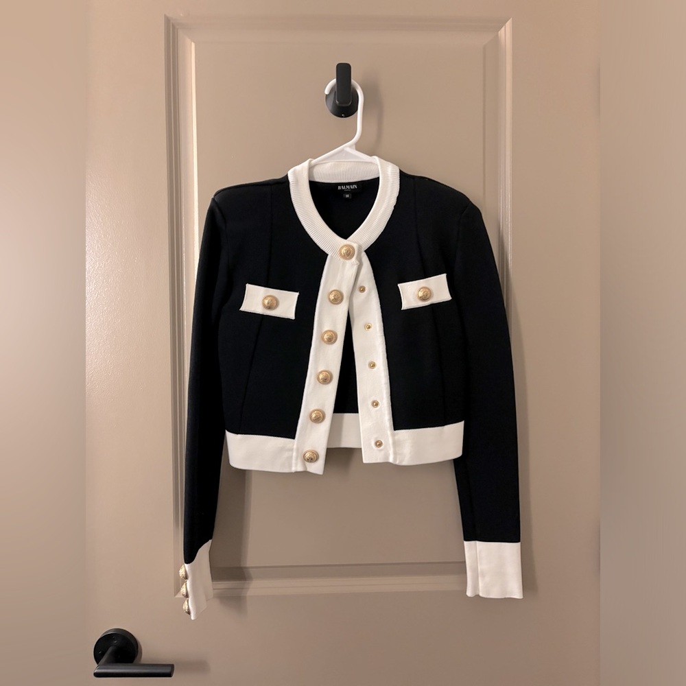Balmain style black and white knitted blazer skirt set in size S / 36